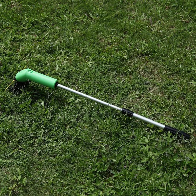 Cordless lawn trimmer with ABS nylon body, 37.5cm length, extension pole, and protective debris shield for garden weeding
