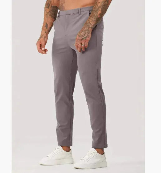Men's solid colour casual suit trousers in polyester fibre blend, available in five colours and sizes S to 3XL
