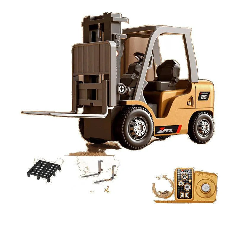 Mini blue alloy forklift remote control toy with cargo pallet and hook on a white background.
