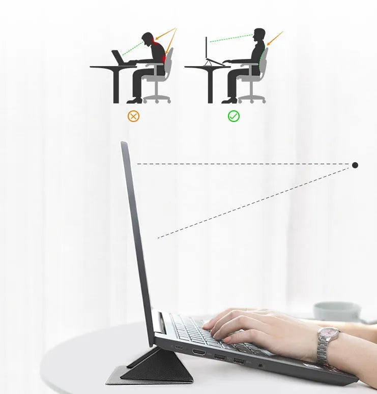 Blue foldable laptop cooling bracket shown open and closed, with an ergonomic viewing angle.