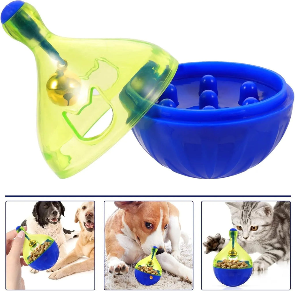 Blue tumbler-shaped pet treat dispenser toy for dogs and cats with treat holes