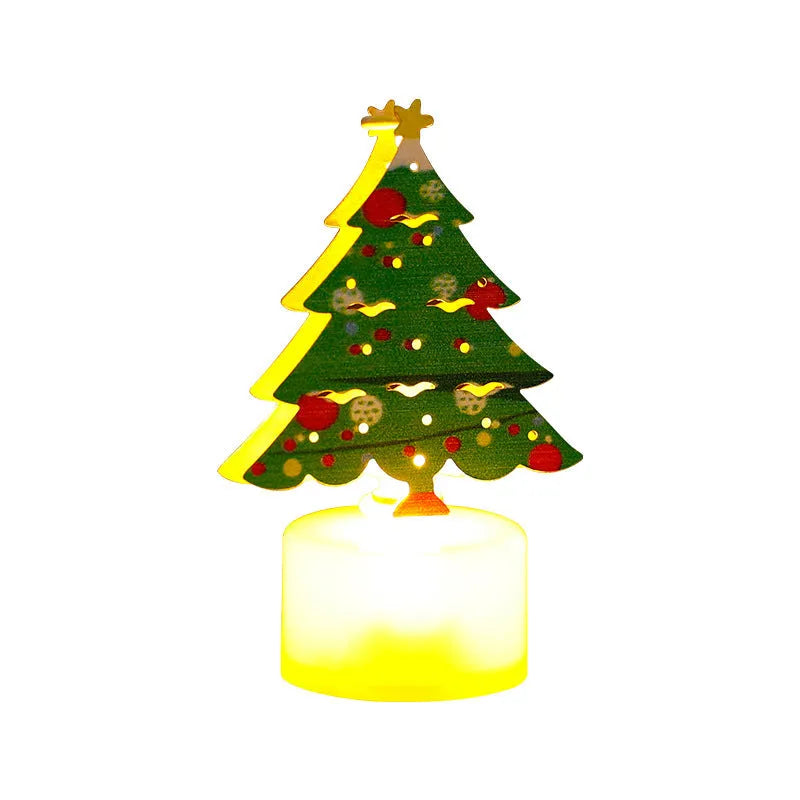 Assorted LED electronic candles featuring Christmas tree, Santa Claus, and snowman designs on a table