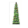 A European-style resin Christmas tree ornament with integrated coloured or warm LED lights, shown in 20cm, 25cm, and 30cm sizes.