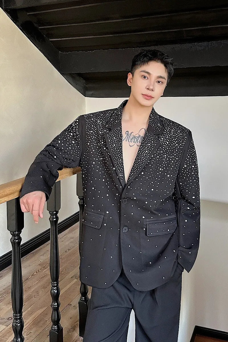 Men's hot drilling casual suit jacket in black chenille fabric with princess sleeves and loose fit