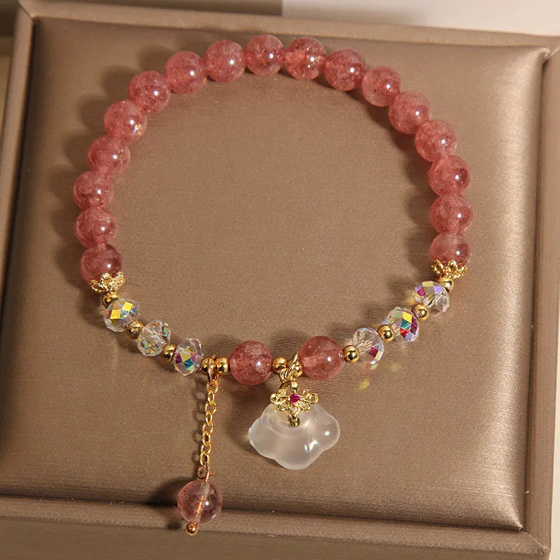 Women's natural crystal bracelet with strawberry quartz and white agate beads, auspicious cloud accents, 40g, on white background