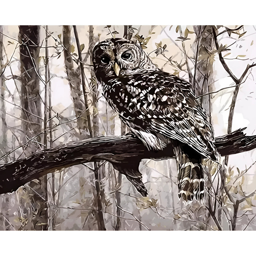 Owl digital painting kit showing canvas, acrylic paints and brushes for DIY home decoration