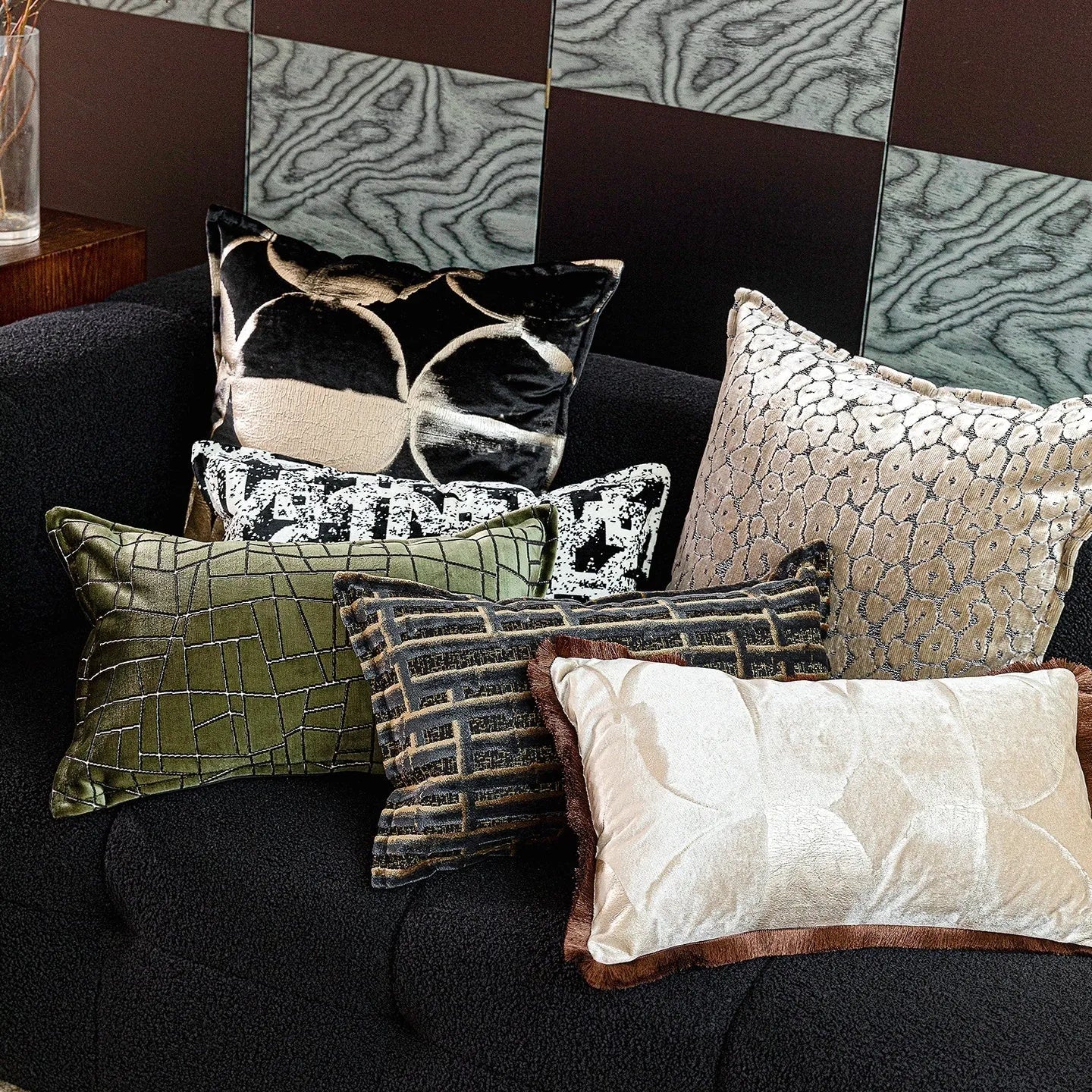 Black gold abstract pattern cushion with removable washable cover in three size options