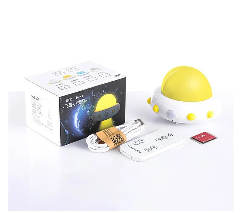 Remote control UFO bedside night light in blue, pink, or white with colourful LED lighting