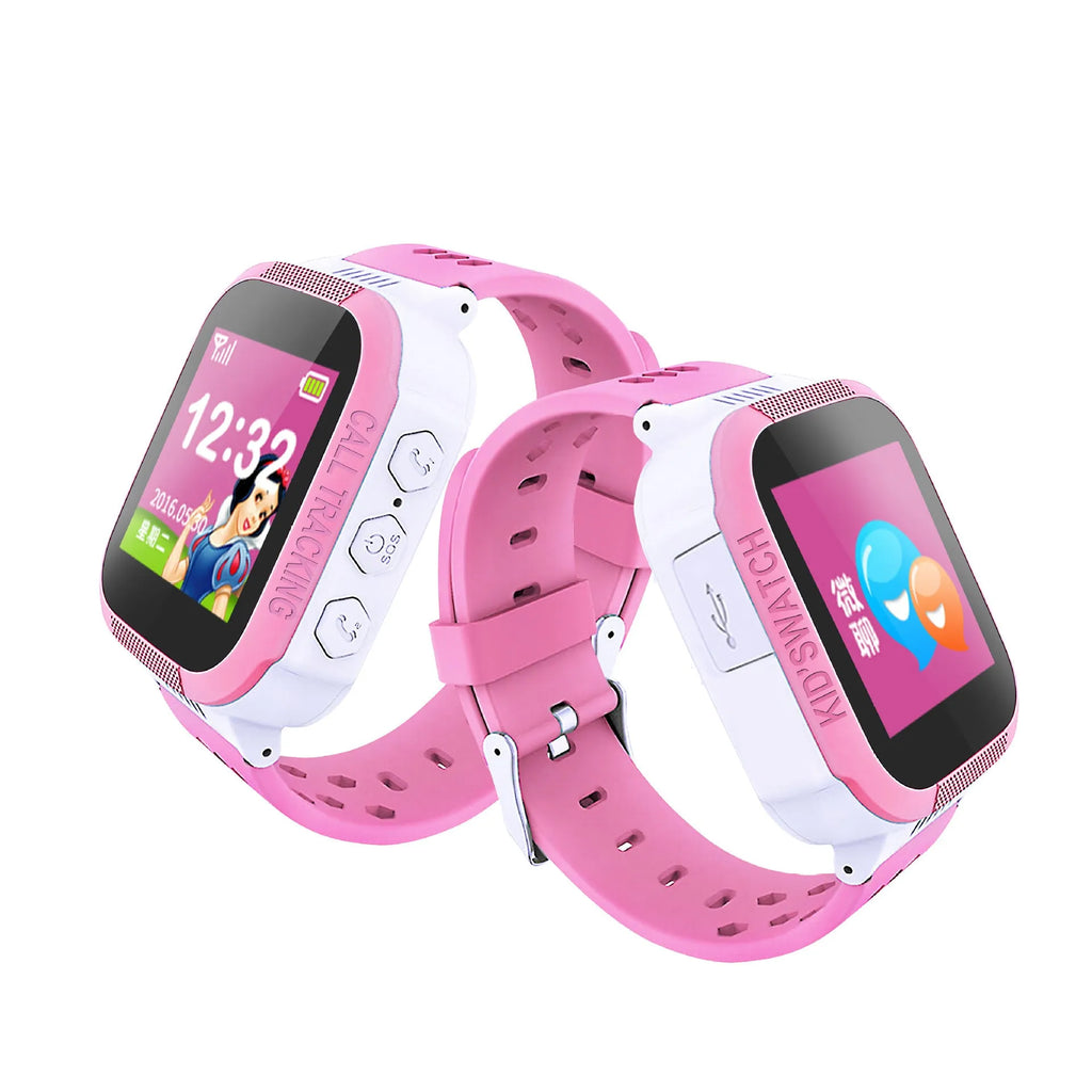 Blue and pink children's phone watch with 1.44-inch IPS screen showing simple interface