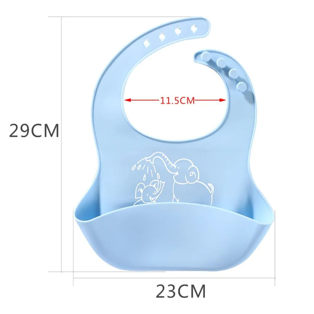 Baby food bib made of food-grade silicone in solid colour with White Elephant design, waterproof for ages 1-6