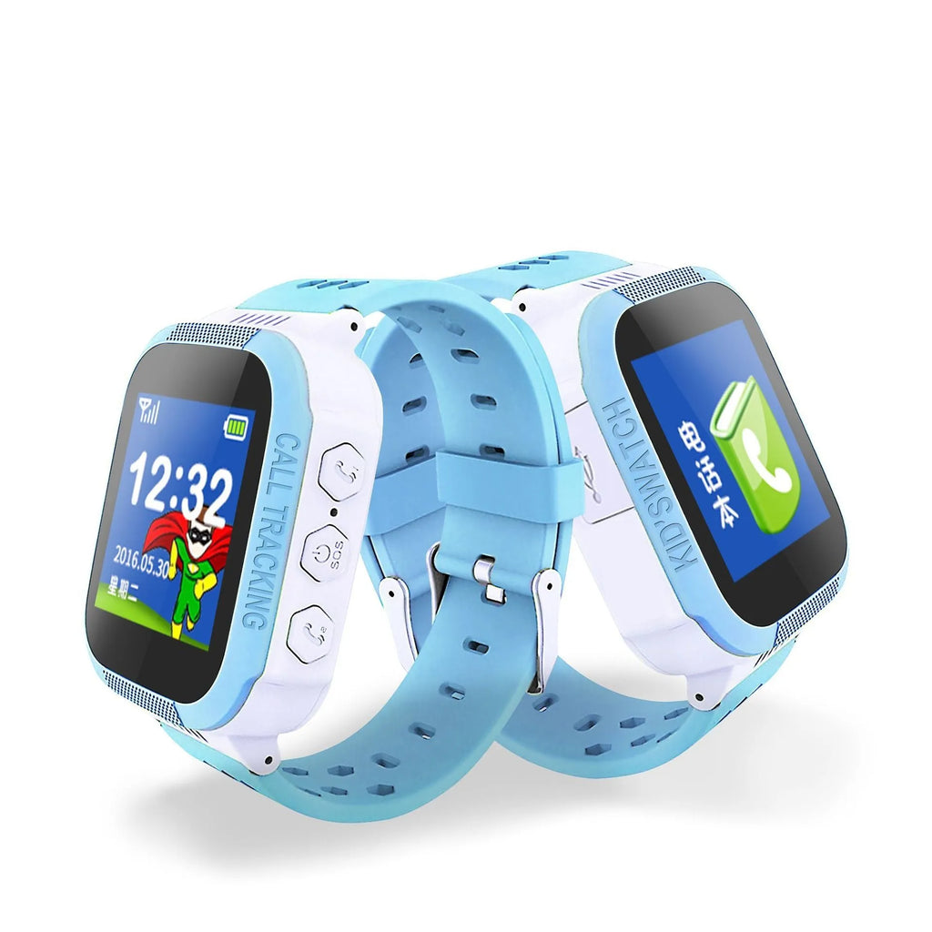 Blue and pink children's phone watch with 1.44-inch IPS screen showing simple interface