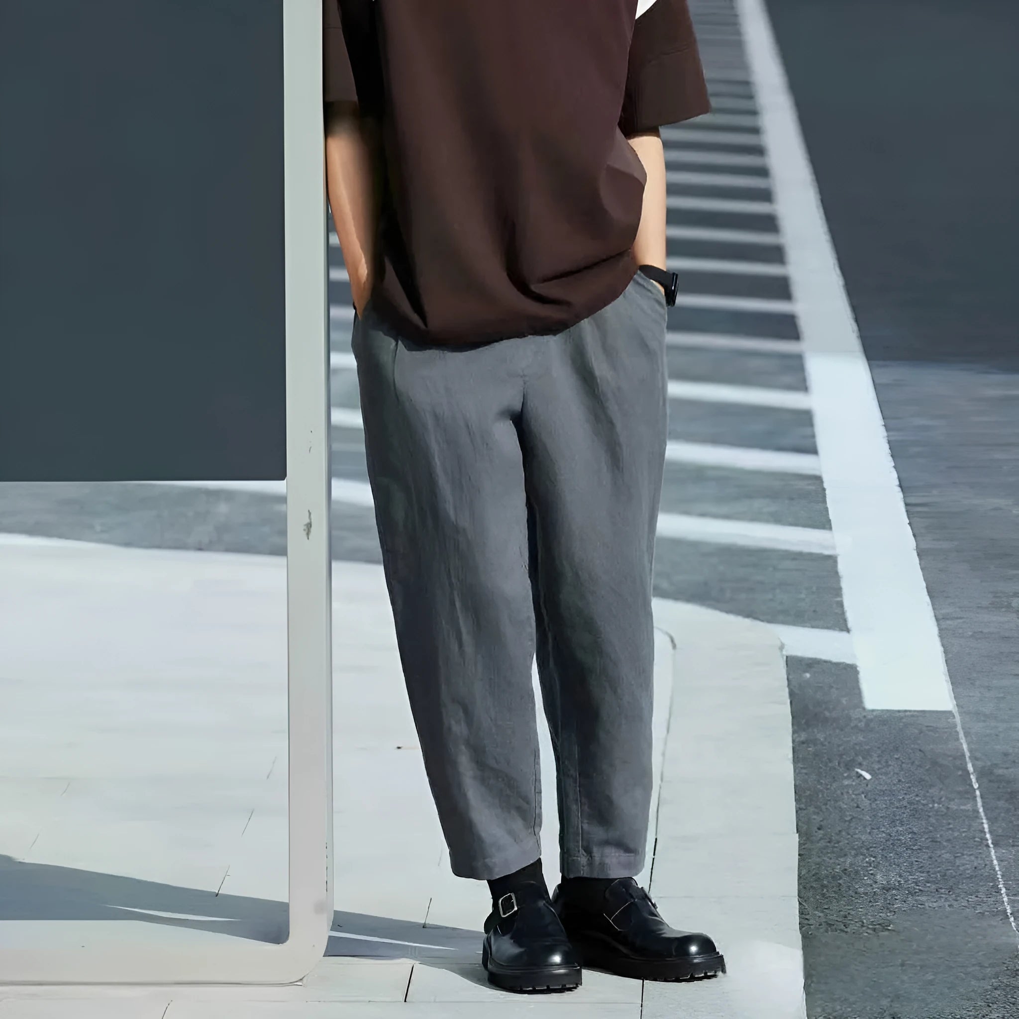 Men's lightweight casual trousers with drawstring waist in loose straight fit showing colour options