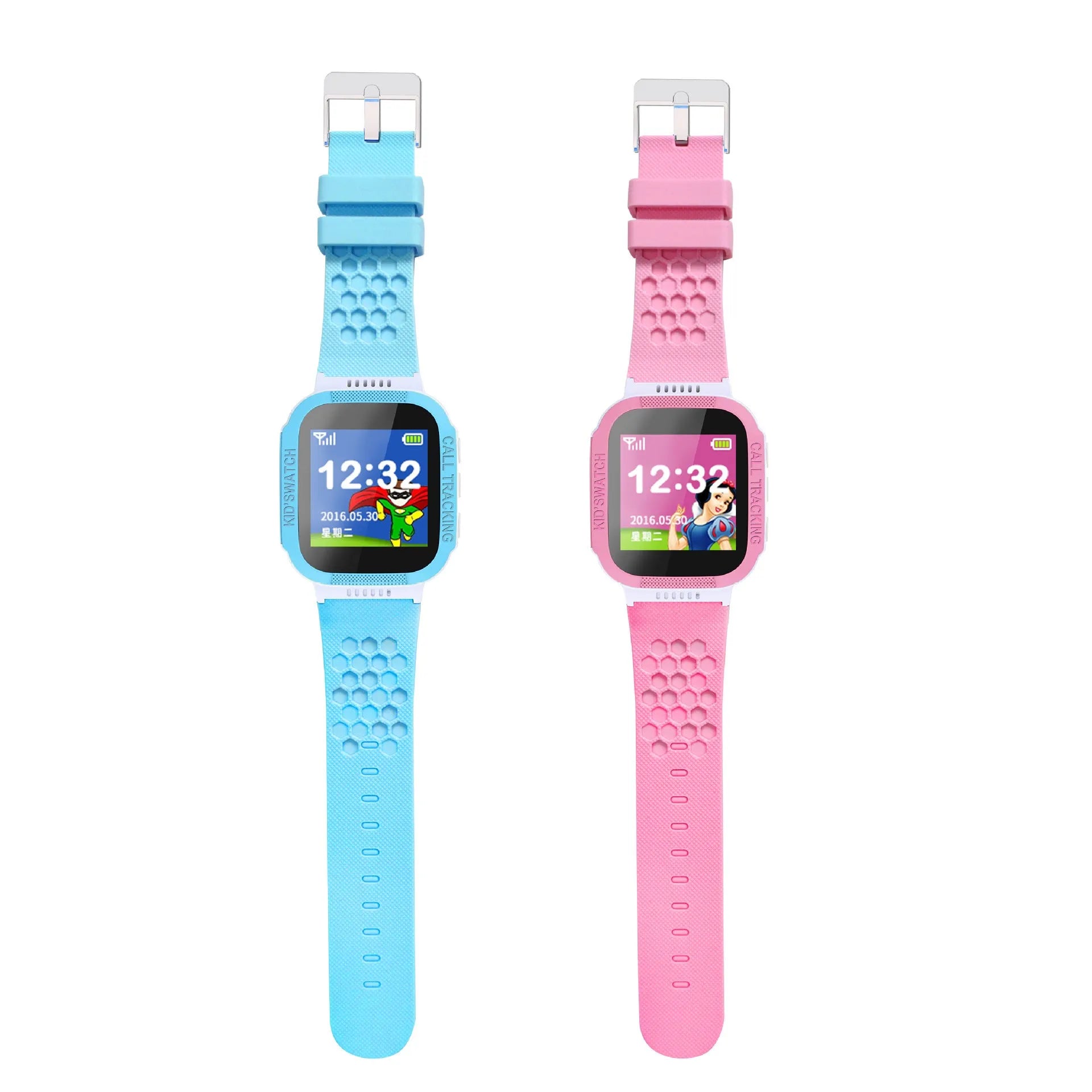 Blue and pink children's phone watch with 1.44-inch IPS screen showing simple interface