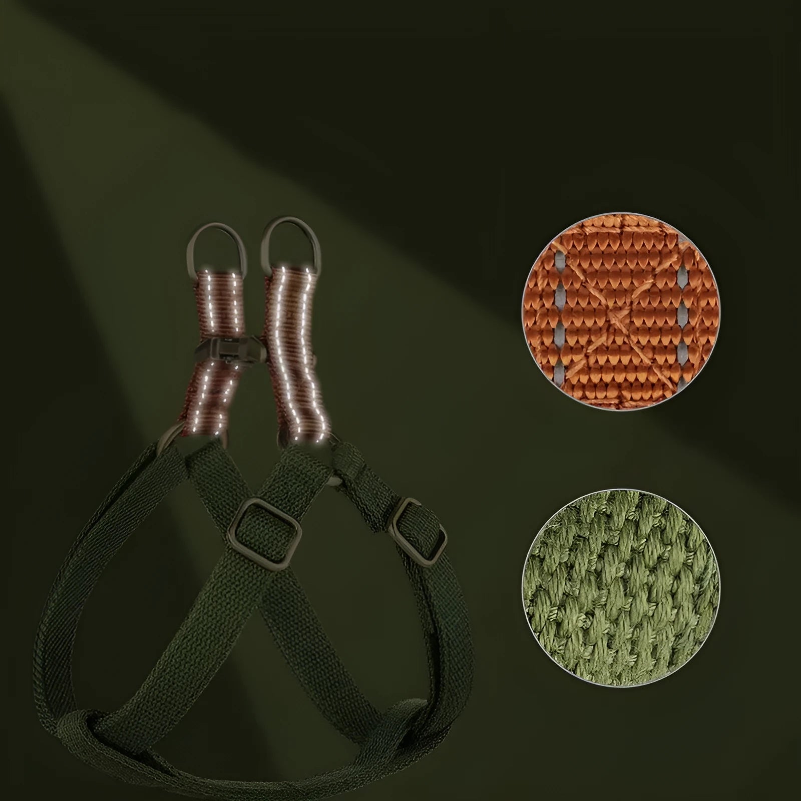 Brown vest-style anti-loss dog harness and lead fastened on a small dog.