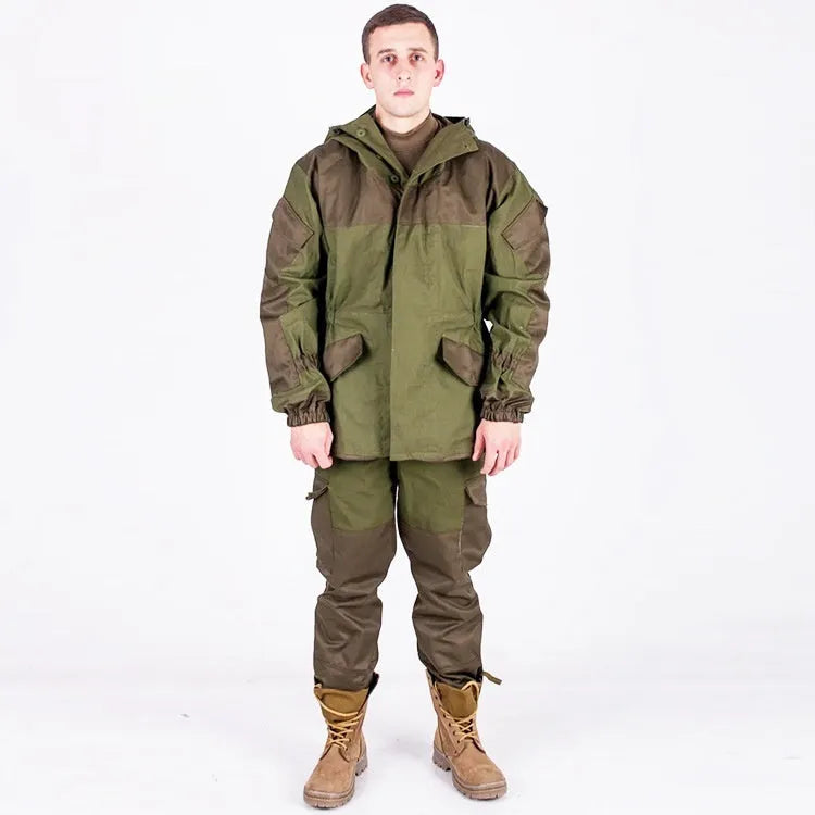 Men's Special Forces tactical combat uniform in cotton blend, featuring jacket and trousers, shown in camouflage green.