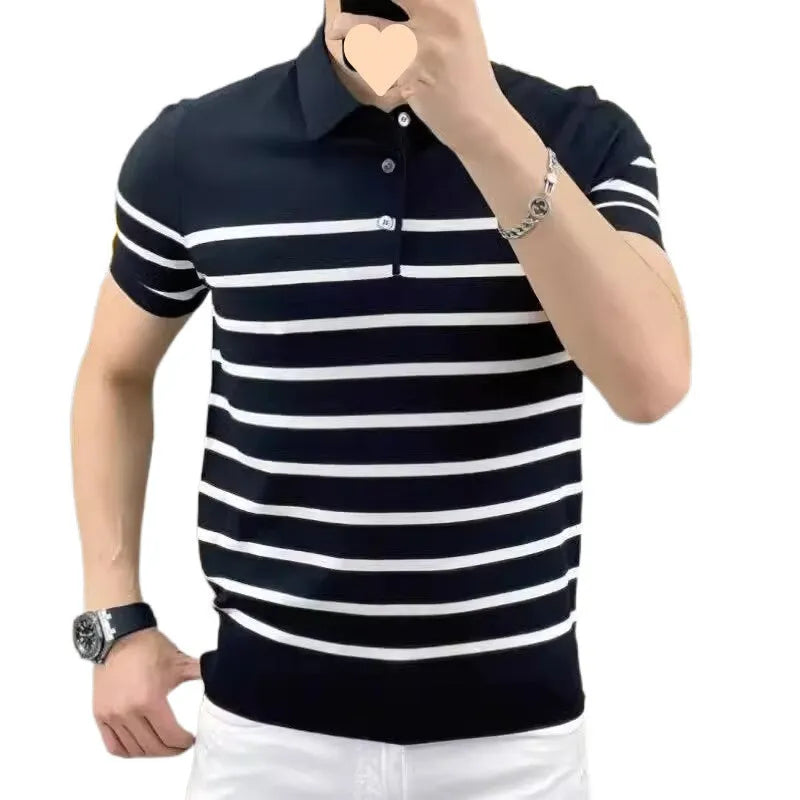 Men's black and white striped lapel V-neck long sleeve knitted T-shirt on a hanger.