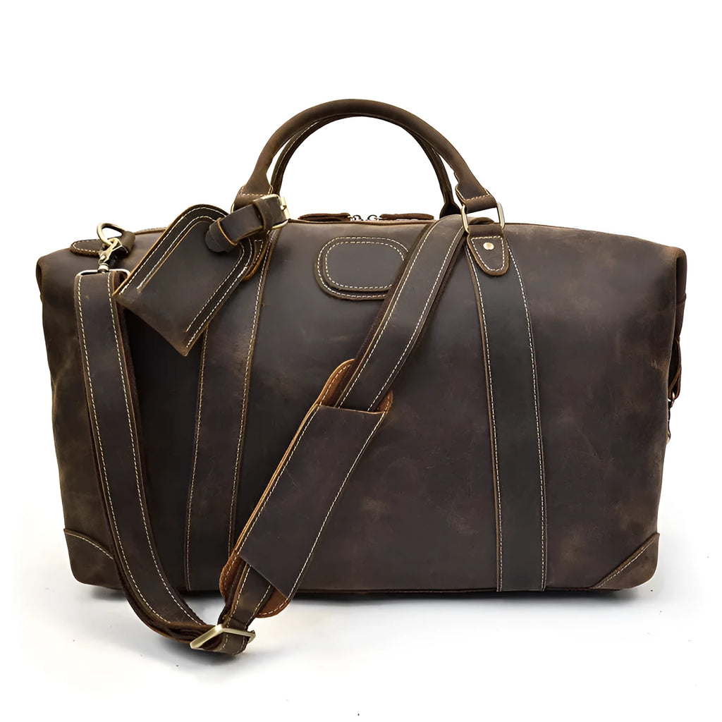 Genuine cowhide leather large capacity luggage bag in light brown with zipper closure and top handles