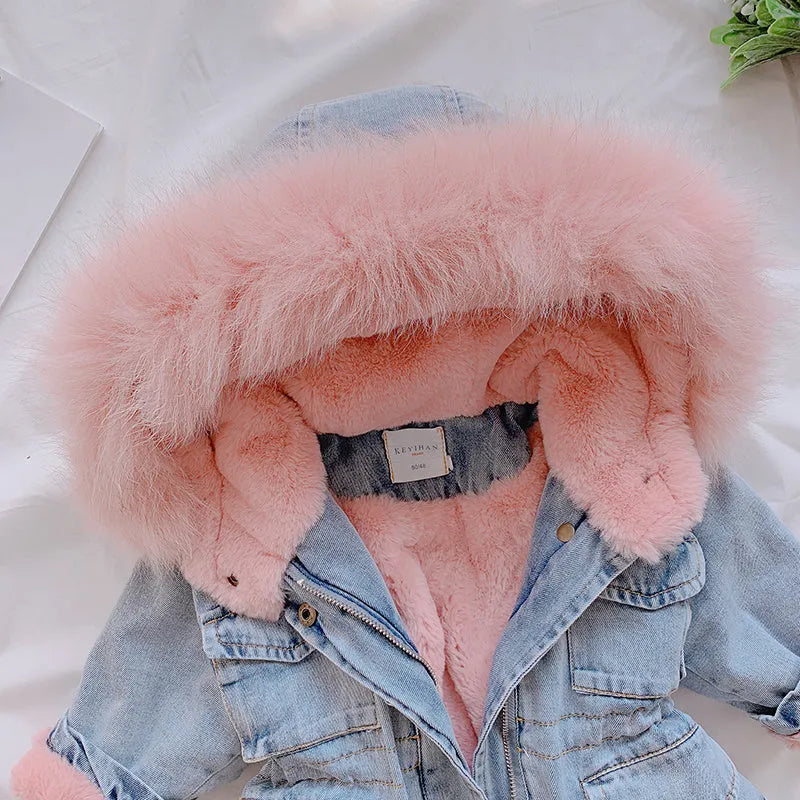 Blue denim coat for a young girl with a fleece lining and a non-removable hood.