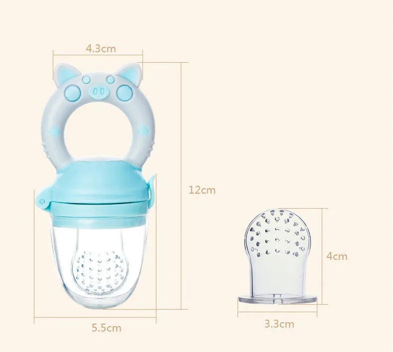 Silicone baby teether with textured chewing surfaces in blue, green and pink colour options