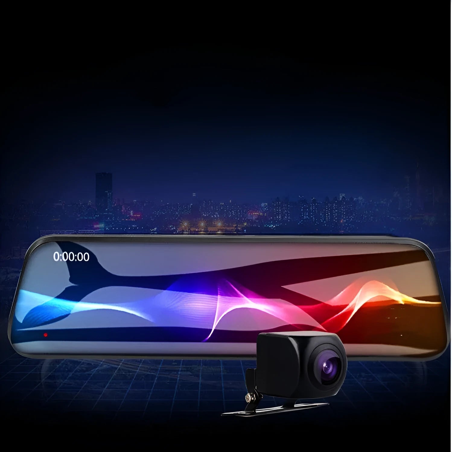10-inch full screen car dash camera with front and rear lenses on a touch screen display.