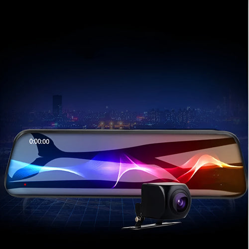 10-inch full screen car dash camera with front and rear lenses on a touch screen display.