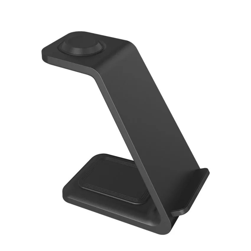 White 3-in-1 upright wireless charging stand holding a mobile phone in portrait mode on a desk.