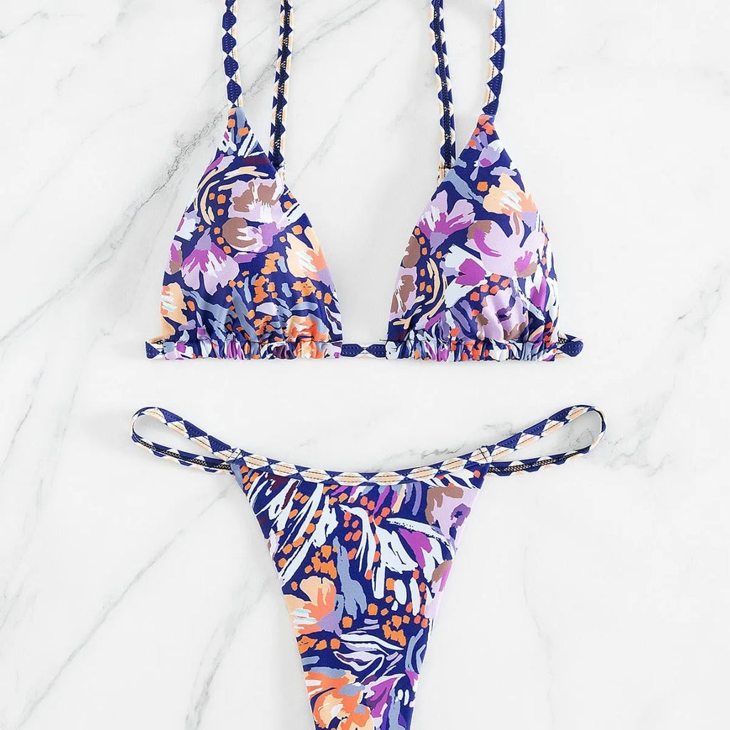 Women's floral print triangle bikini swimsuit with split briefs in polyester fabric