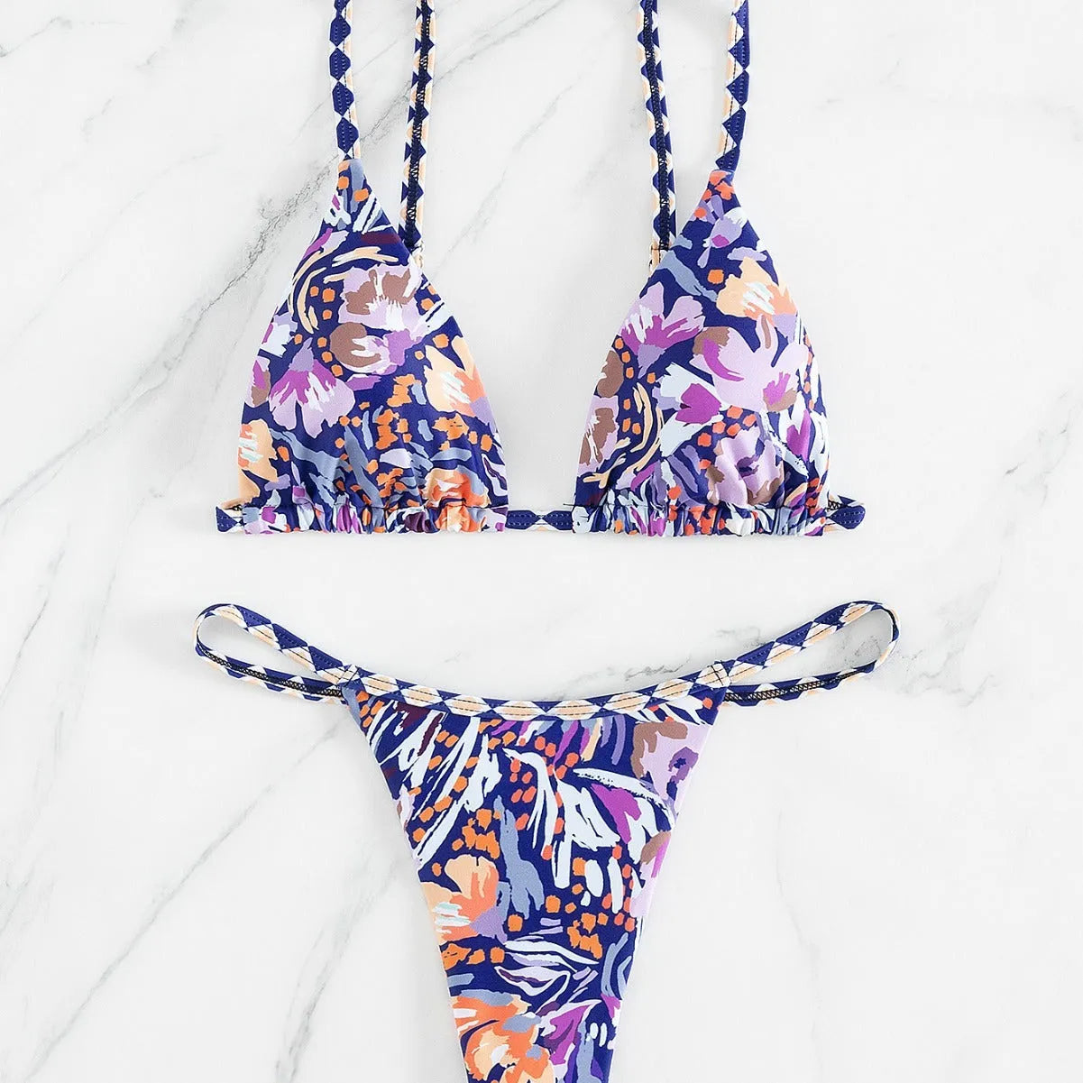 Women's floral print triangle bikini swimsuit with split briefs in polyester fabric