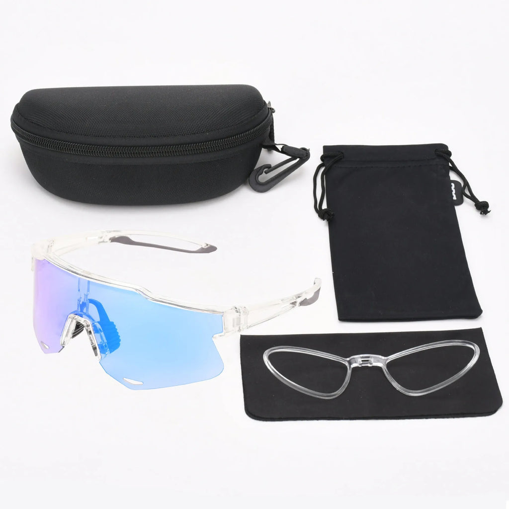 PC outdoor cycling athletic glasses with TR90 semi-rimless frame in bright gray and blue, free size unisex sports goggles