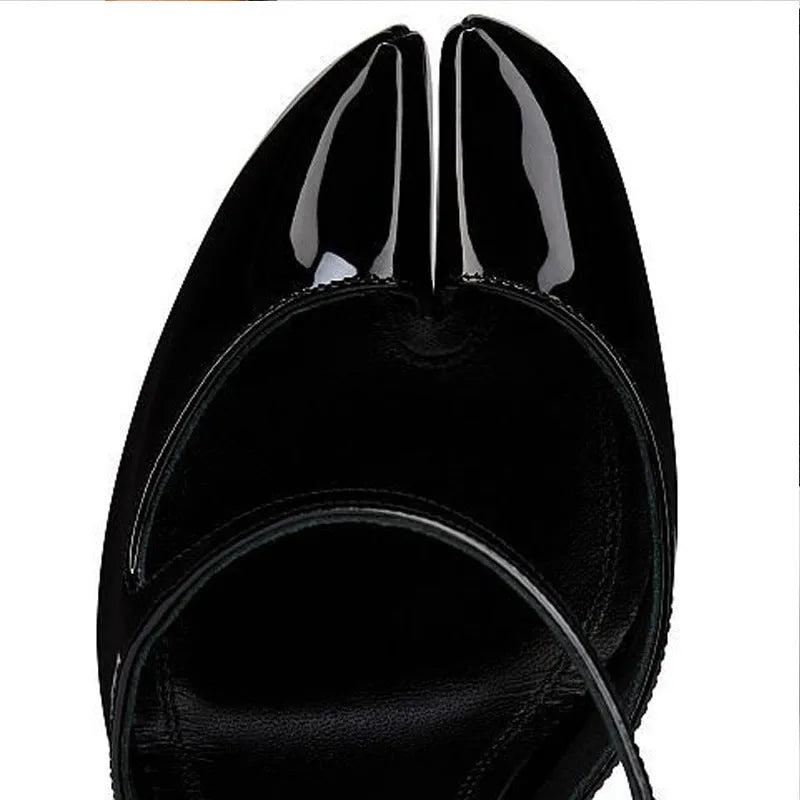 Women's low-cut toe cap stiletto heels with cross strap hollow design, ankle buckle, microfiber upper and rubber sole, black and black bottom colour.