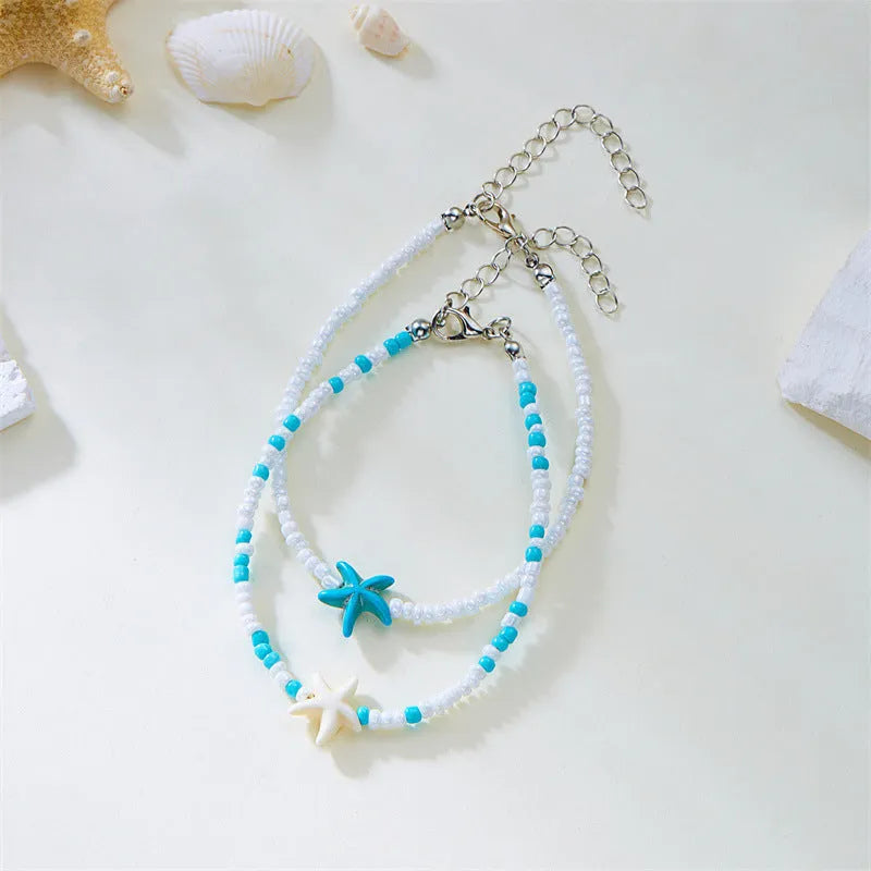 Summer fashion beads string women anklets set of two with starfish turtle stitching star bead design