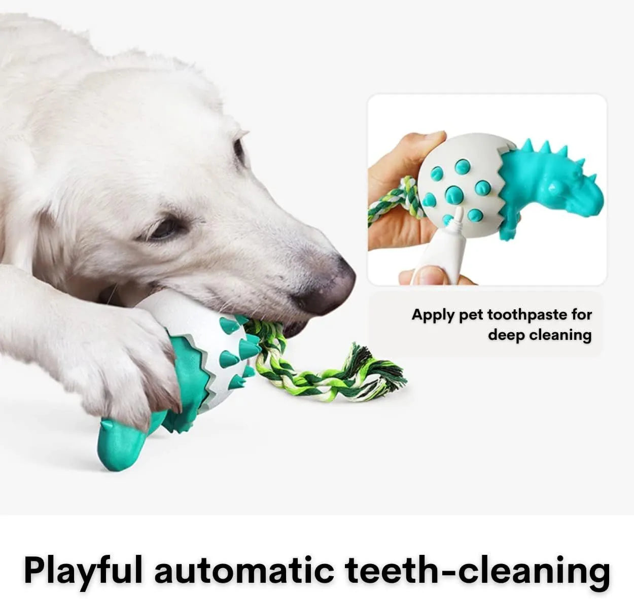 Blue durable rubber and nylon dinosaur-shaped dog chew toy with an integrated rope for aggressive chewers.