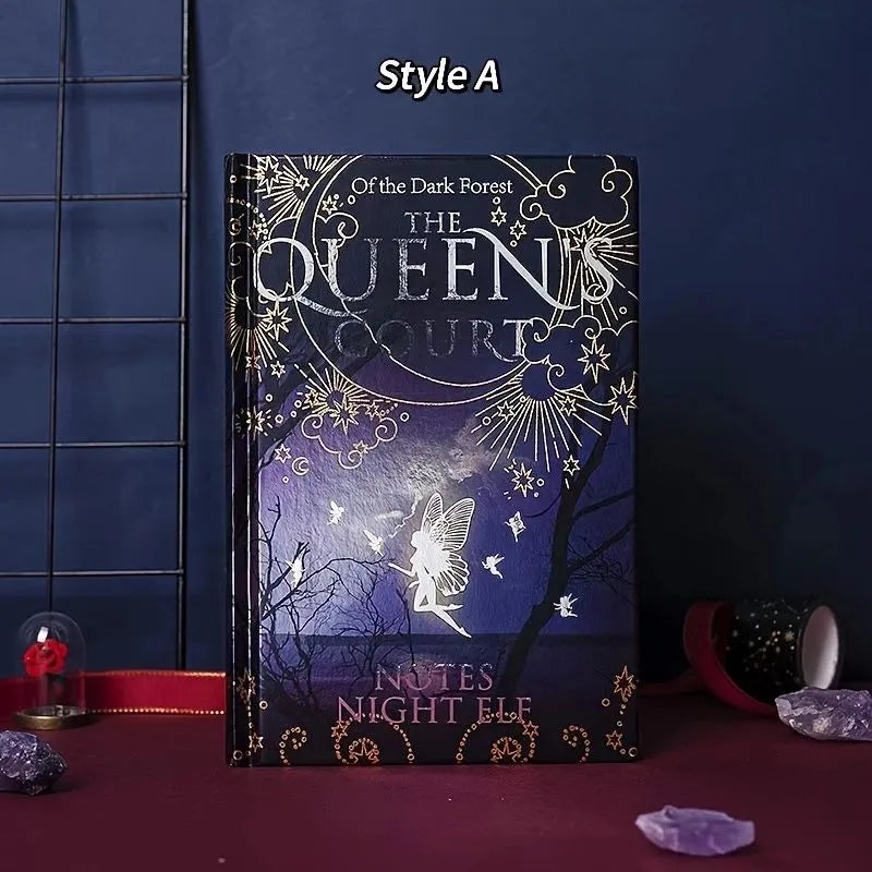 Blue and purple luminous hardcover A5 notebooks open to show full-colour illustrated pages.
