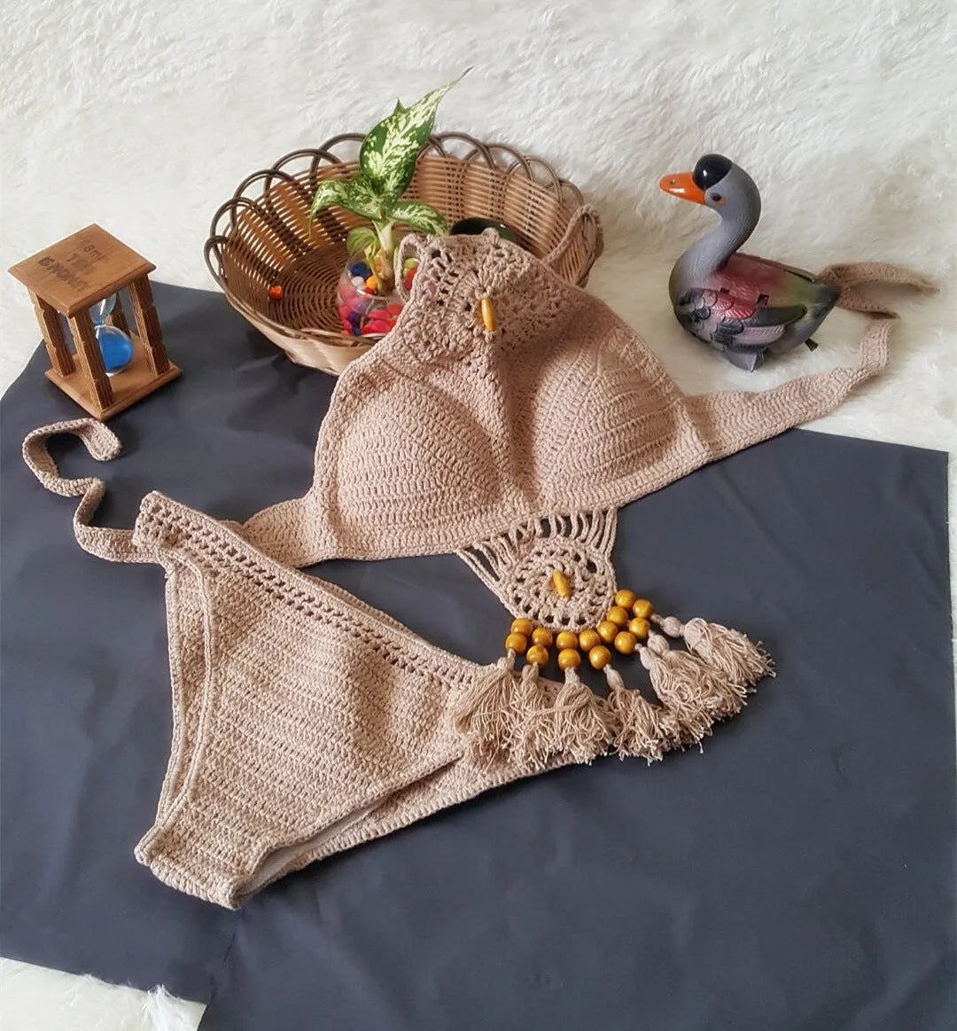 Women's crochet tassel bikini set in black, khaki, and white with tassel details, beachwear