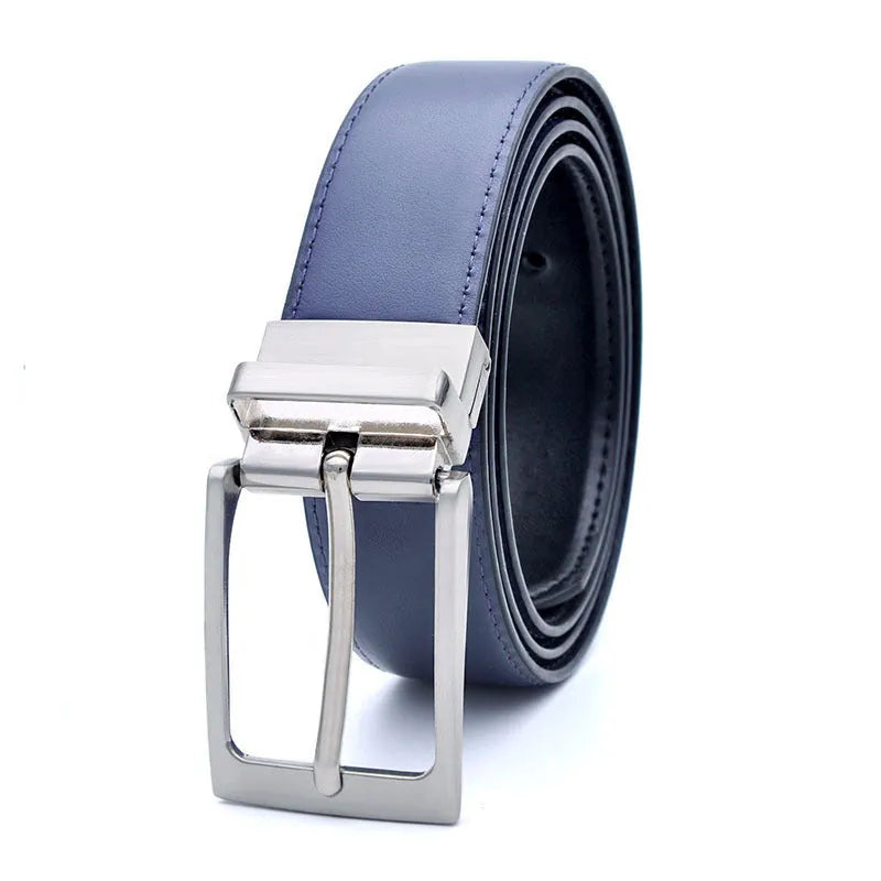 Men's dark brown and black genuine leather belt with a silver rotating pin buckle laid flat.