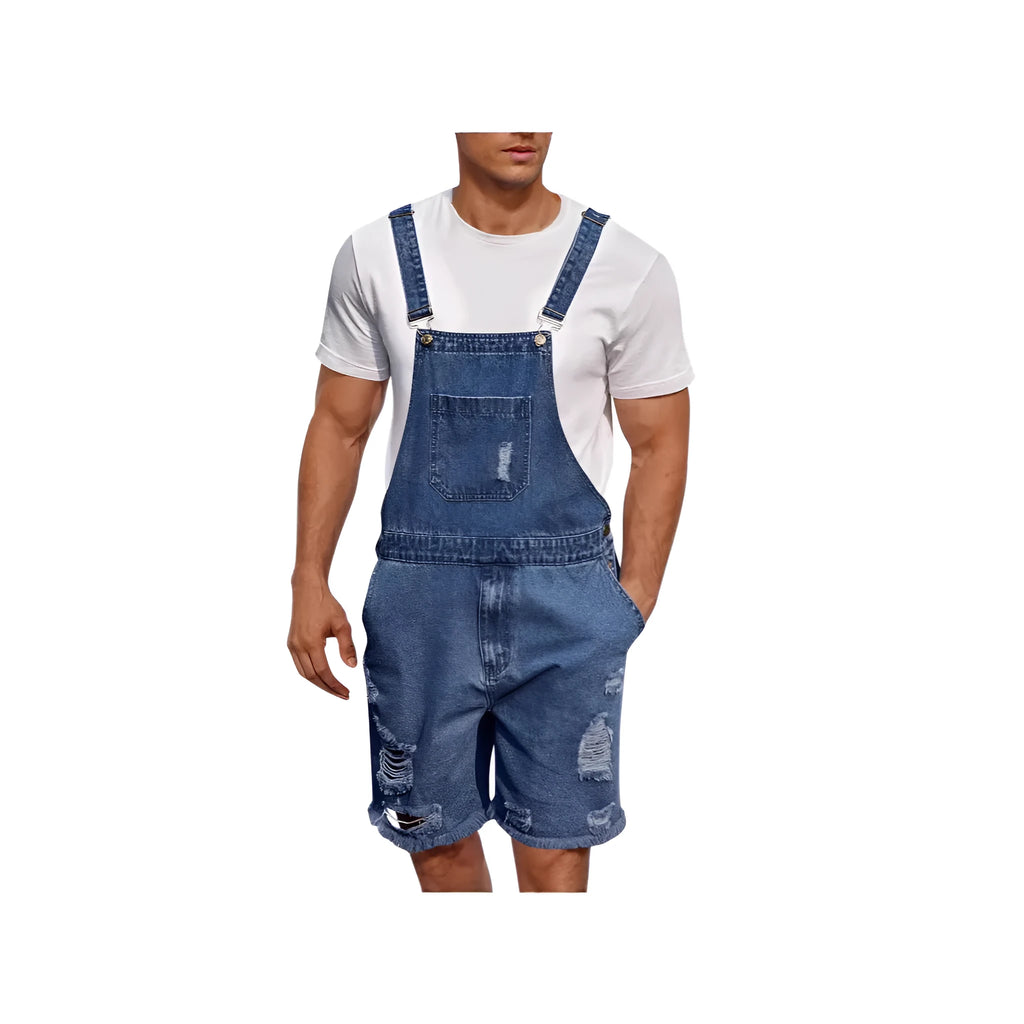 Men's ripped denim suspender shorts in cotton with straight-leg mid-waist fit in black colour