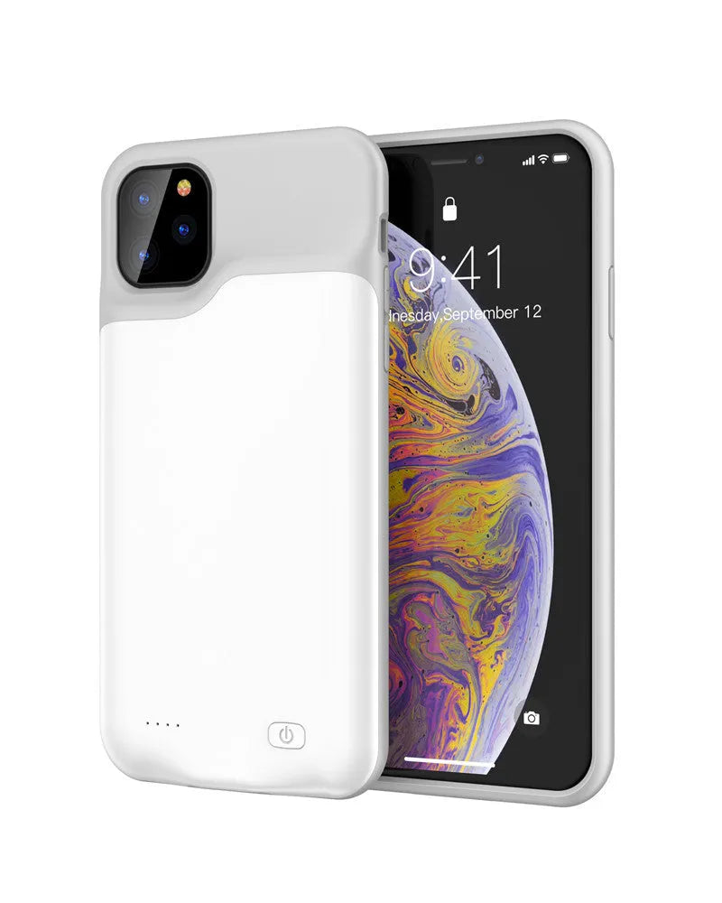 Shockproof silicone iPhone battery charger case in black, blue, pink, or white colours