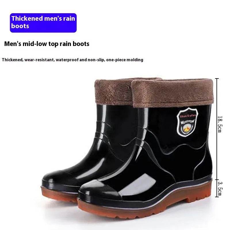 Men's camouflage rain boots with beef tendon sole and fleece lining, 20cm tube height, oversleeve design
