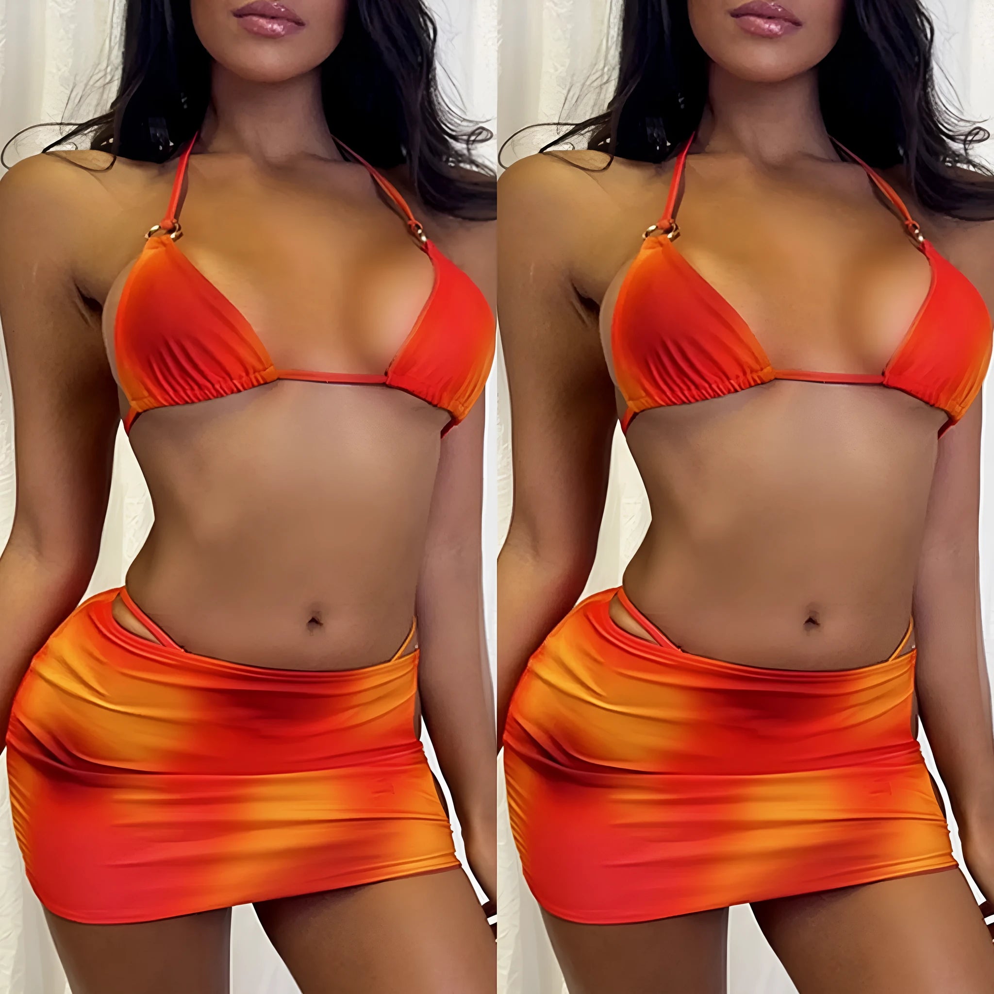 Woman wearing a solid colour tie-dye gradient halterneck bikini top and skirt from the three-piece swimwear set.