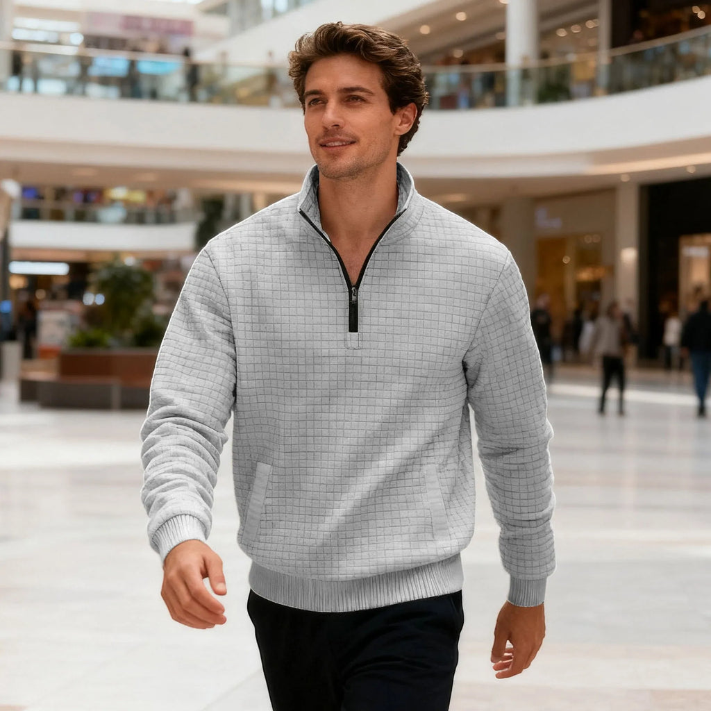Men's stand-up collar long sleeve jacquard check sweatshirt in light gray, front view