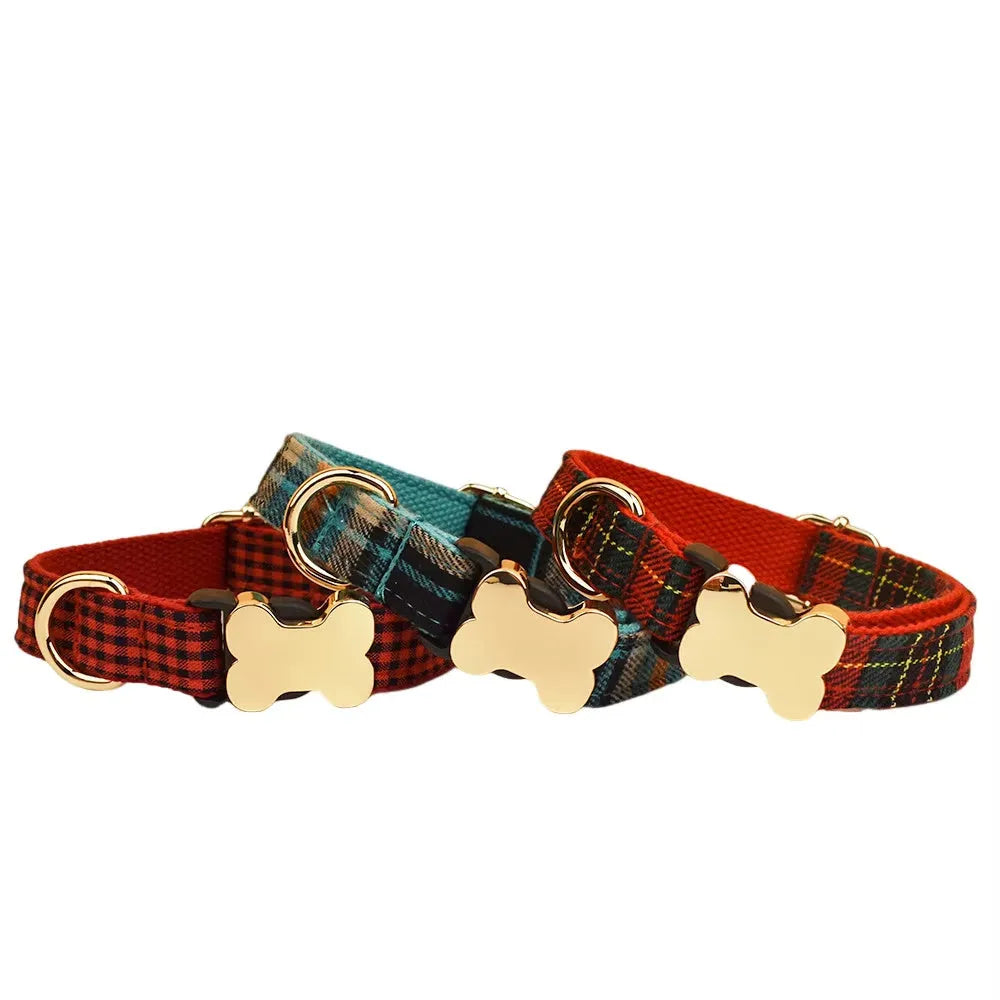 Flat nylon dog collar with printed grid pattern and a bone-shaped buckle in assorted colours.