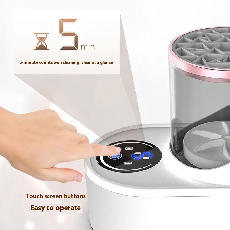 White rechargeable electric makeup brush cleaner with drying chamber and control buttons