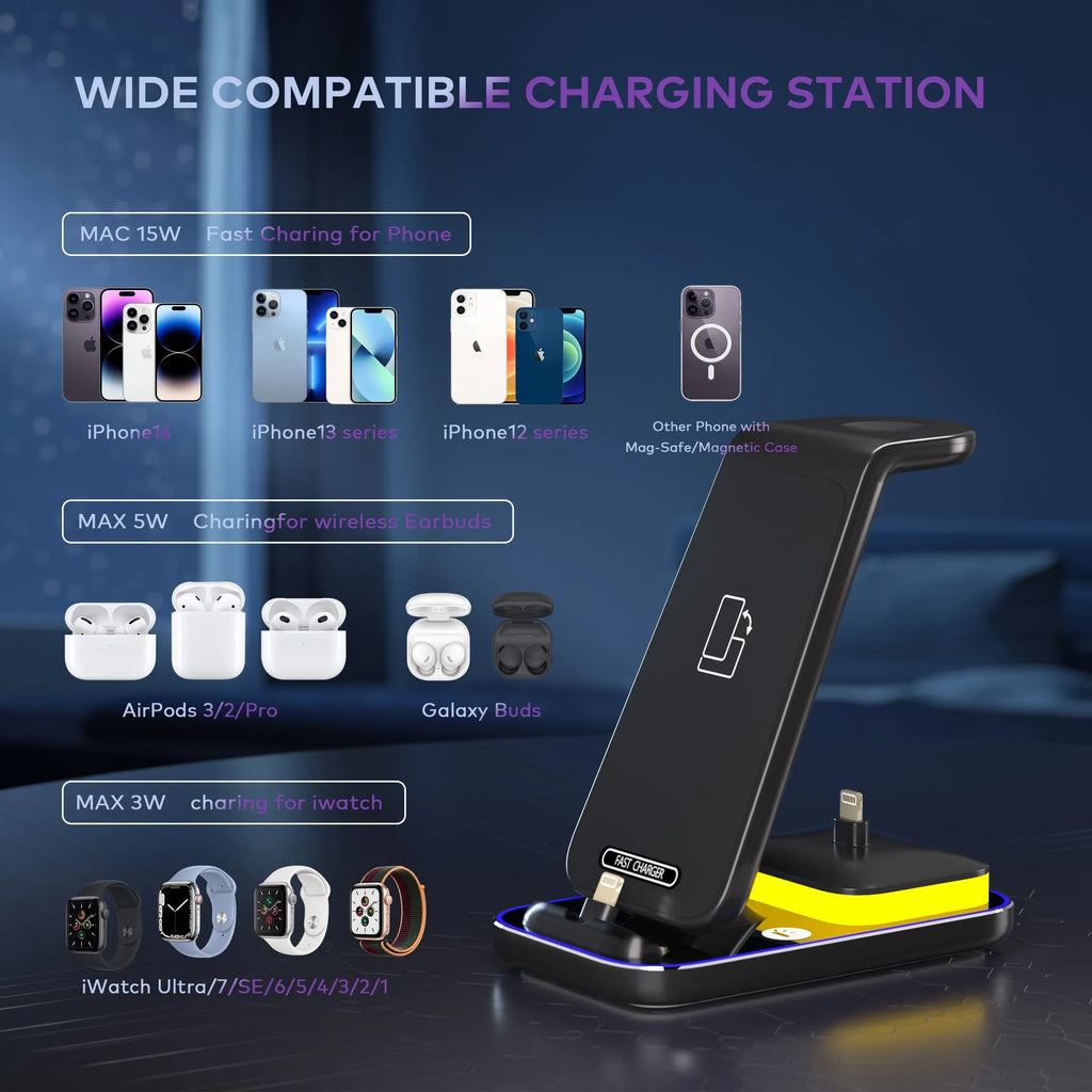 Black vertical wireless charger with mobile phone, smartwatch and headphones charging simultaneously