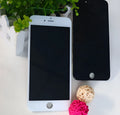 iPhone LCD screen replacement kit showing display, capacitive touch layer, and metal disassembly tool.