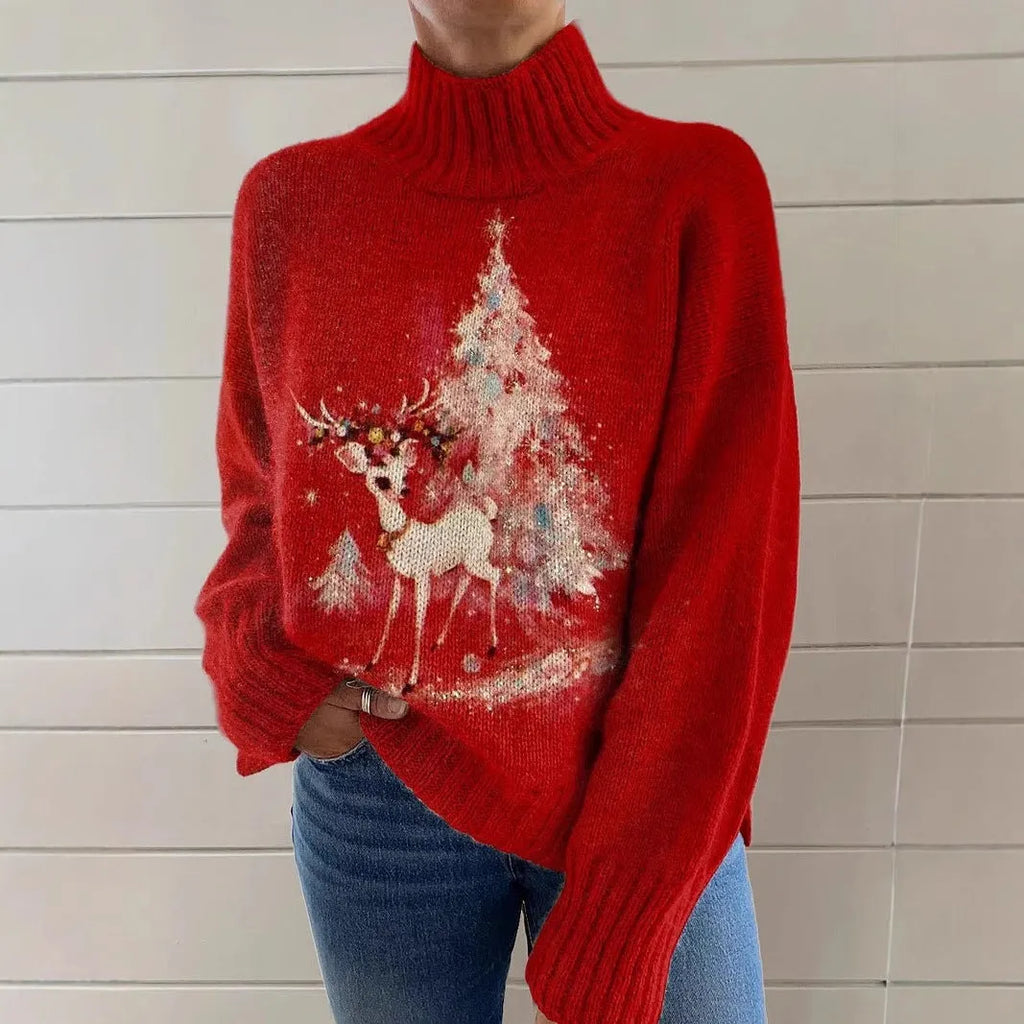 A woman wearing a loose-fit, macaron-coloured Christmas printed turtleneck sweater with long sleeves.