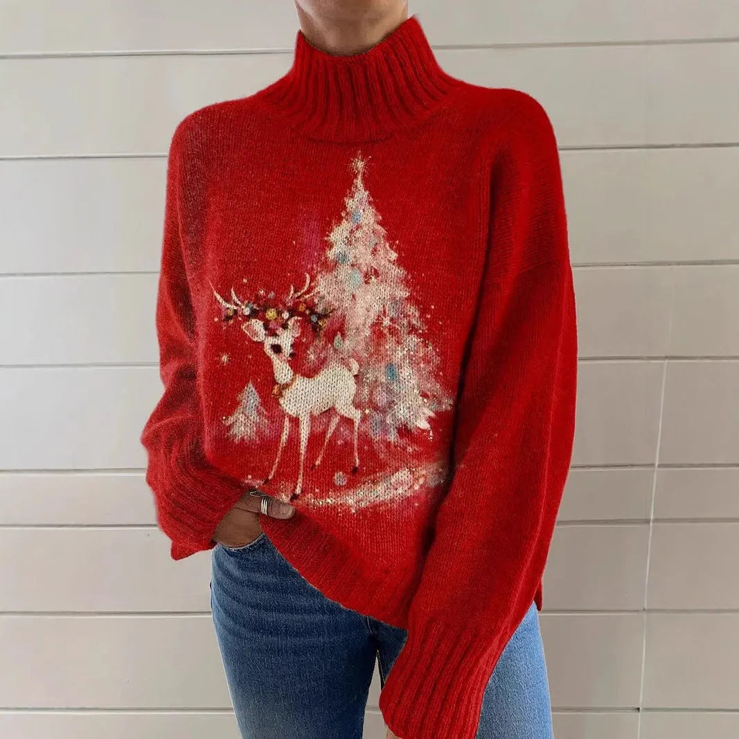 A woman wearing a loose-fit, macaron-coloured Christmas printed turtleneck sweater with long sleeves.