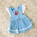 Strawberry denim skirt dog clothes in Bondi Blue colour showing traction backing and weight-based sizing options