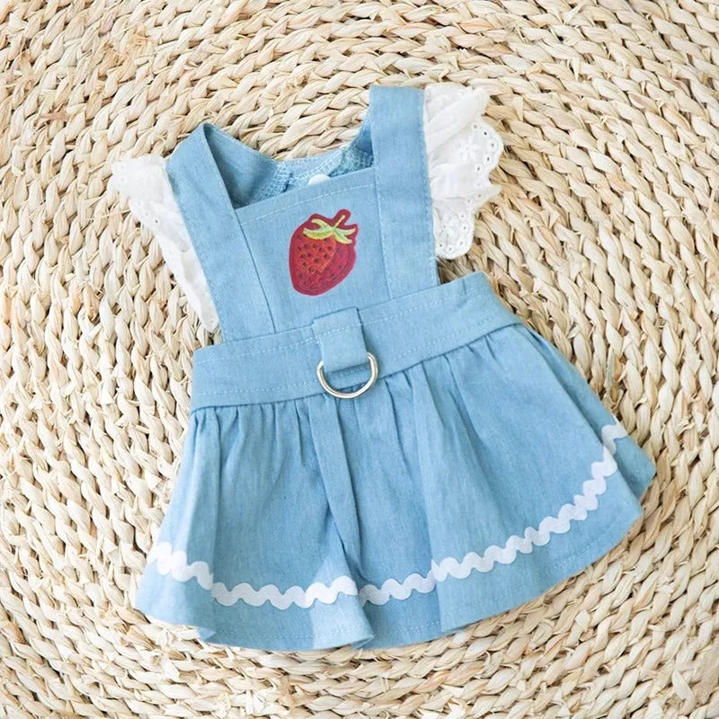 Strawberry denim skirt dog clothes in Bondi Blue colour showing traction backing and weight-based sizing options