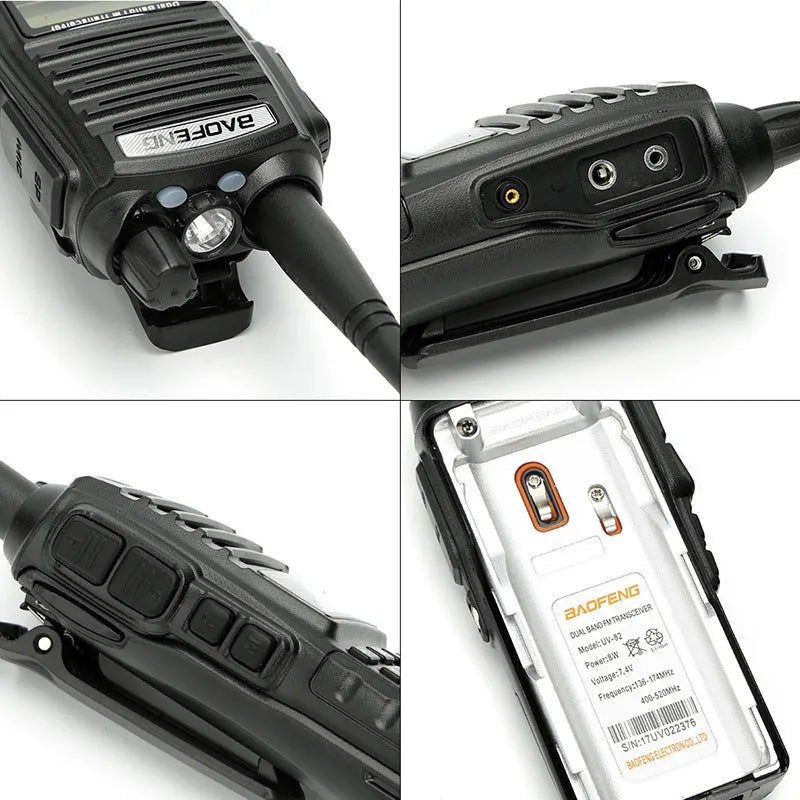 BF-UV82 8W walkie talkie in black with antenna and belt clip on a table