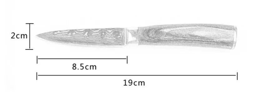 7Cr17 stainless steel kitchen knife with Damascus pattern blade and coloured wood handle on a cutting board.